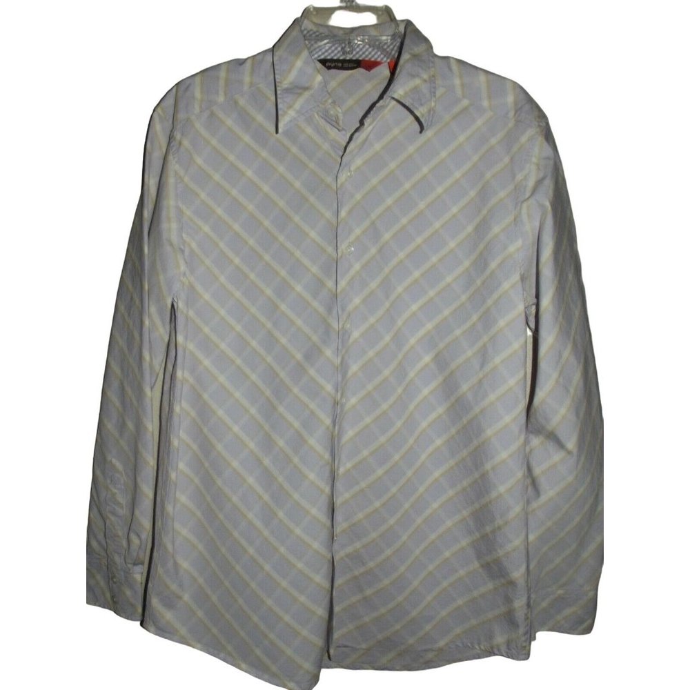 NYNE Mens Medium Purple White Gold Diagonal Plaid Dress Shirt m button front